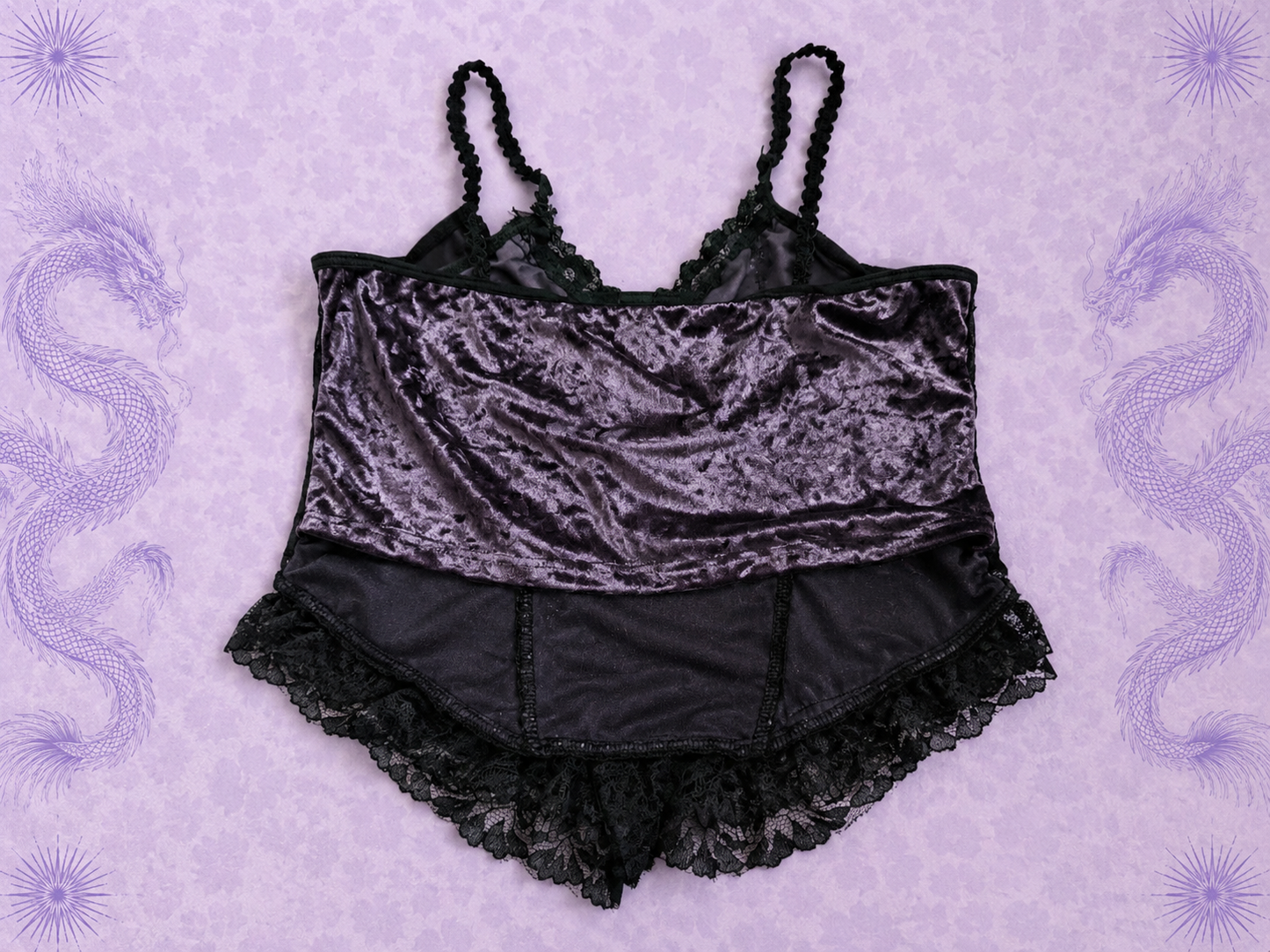 Black Lace Top with Purple Satin & Cross Charms