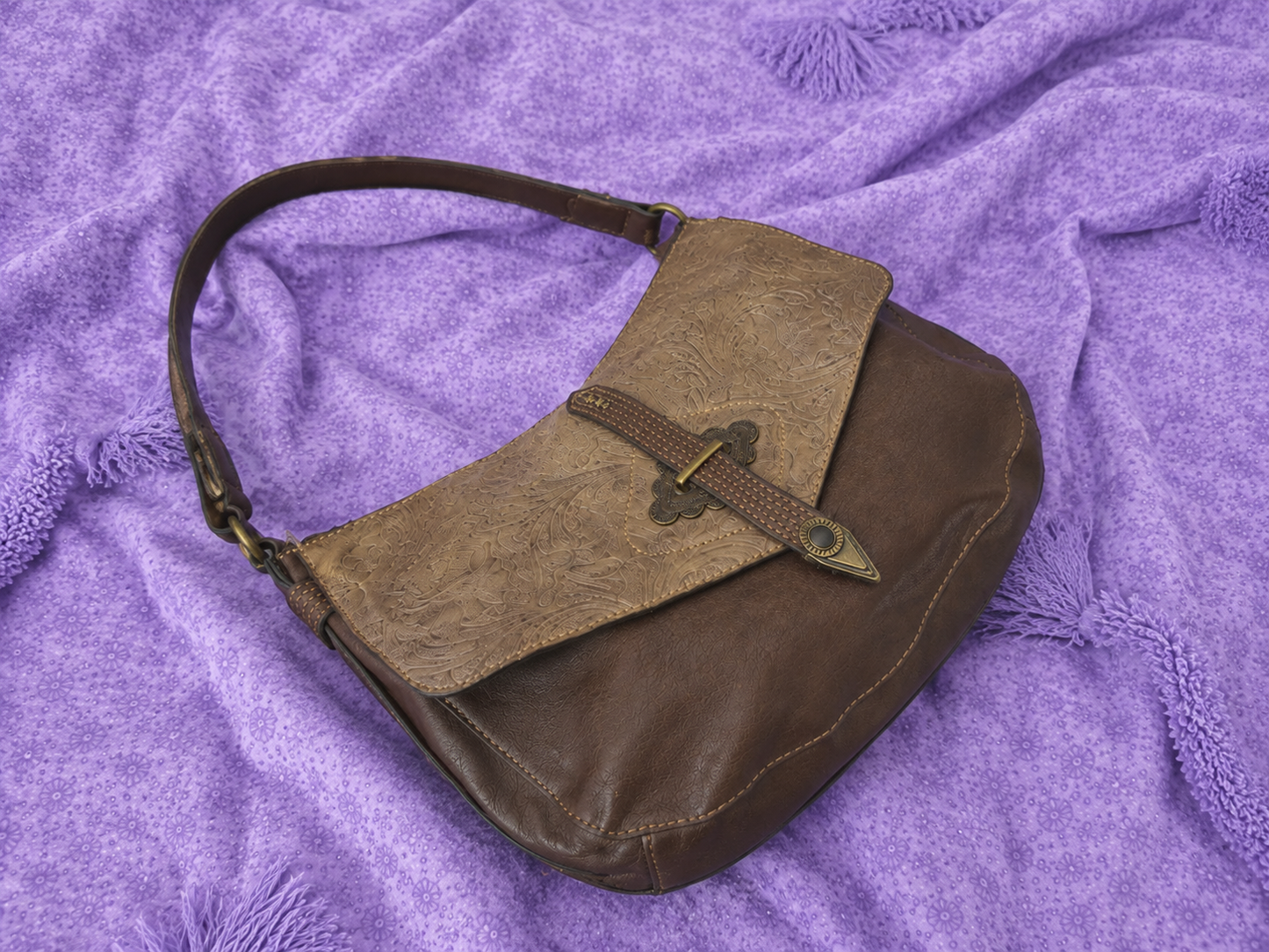 Justin Vintage Western Shoulder Bag Brown Embossed Boho Handbag Country Style
