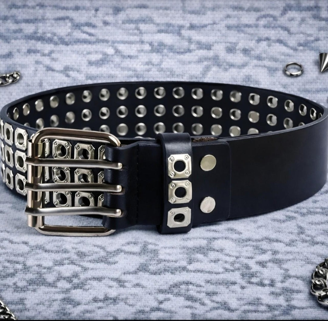 Cintura punk nera borchiata con fibbia tripla in metallo larga 6,5 cm – unisex