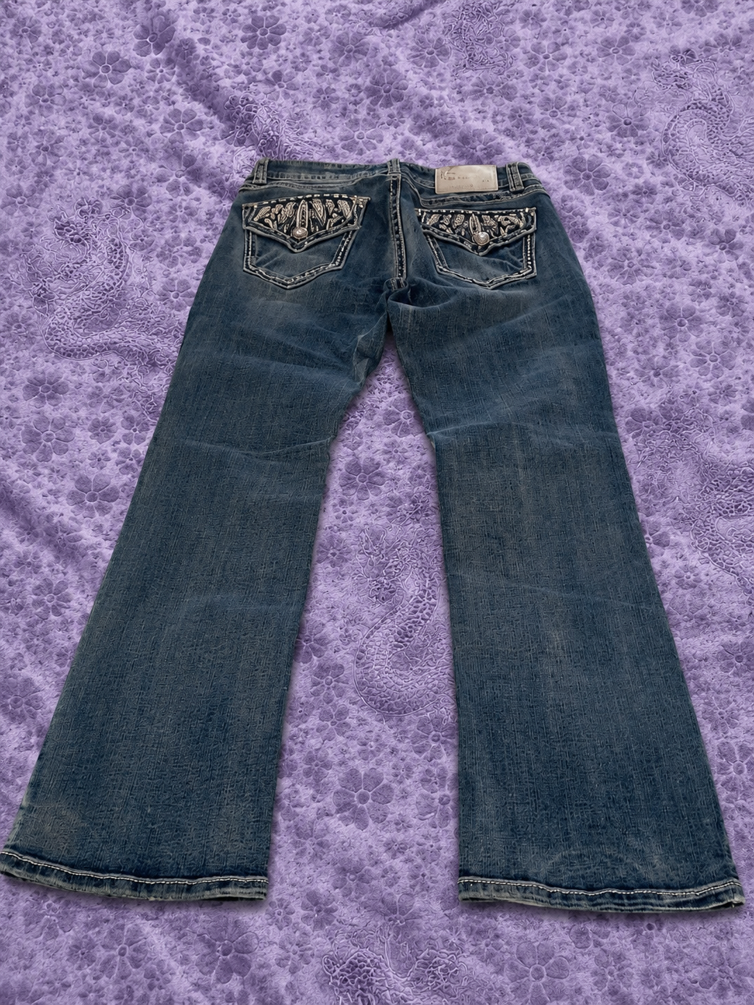 Jeans Grace in LA Y2K Bootcut Donna Taglia 7/28 Denim Blu Ricami e Strass Stile Western Cowgirl