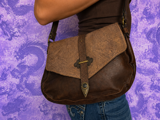 Justin Vintage Western Shoulder Bag Brown Embossed Boho Handbag Country Style