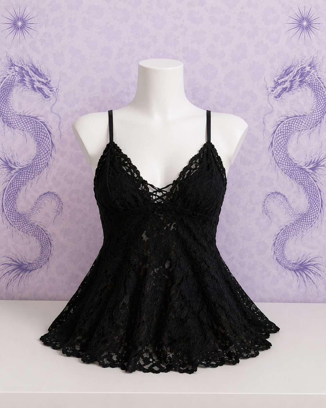 Top Vintage Gothic in Pizzo Nero – Cami Y2K con Spalline Regolabili – Taglia L