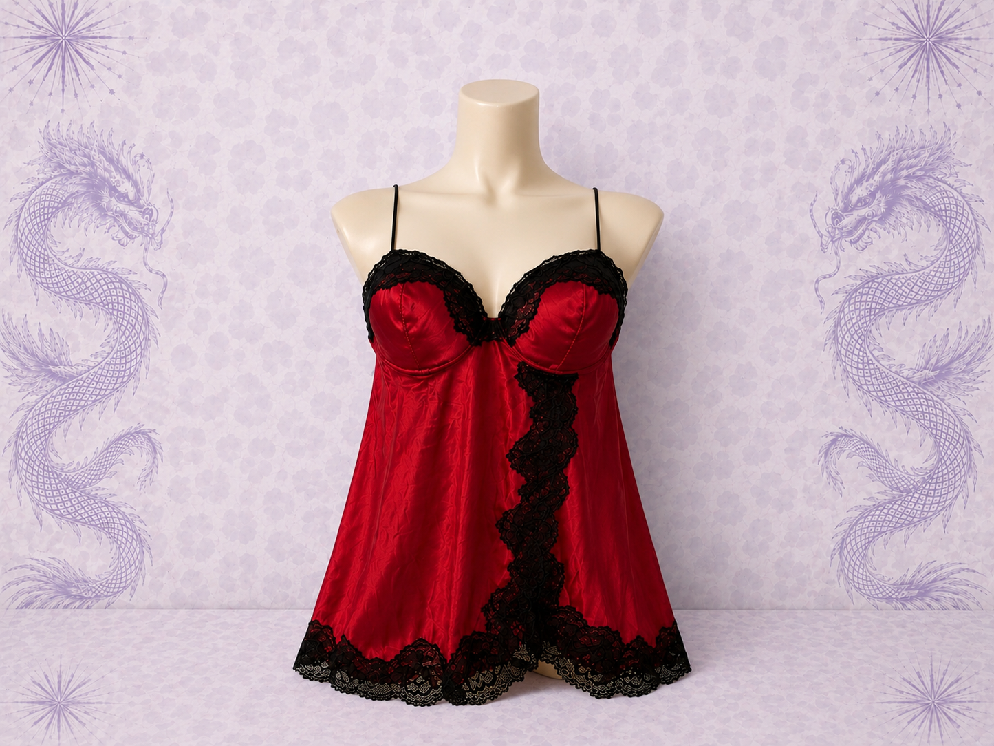 Babydoll Gothic Rosso Satinato con Pizzo Nero – Taglia XS
