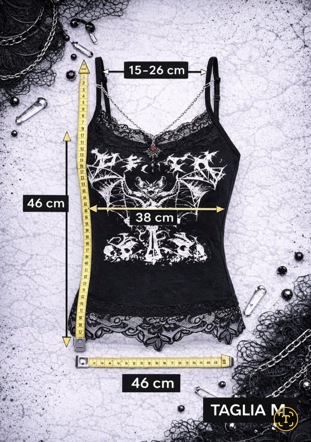 Top gothic nero con stampa pipistrello e bordo in pizzo