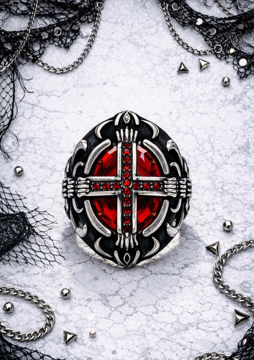 Anello Gothic in Argento S925 con Croce e Pietra Rossa – Dark Occult Ring