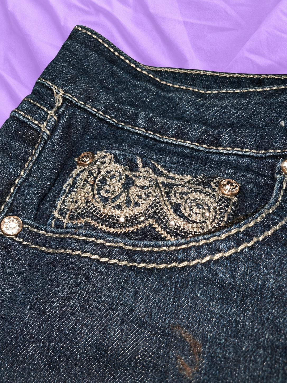 ONE 5 ONE Dark Wash Flare Jeans with Embroidery & Rhinestones – Size 12