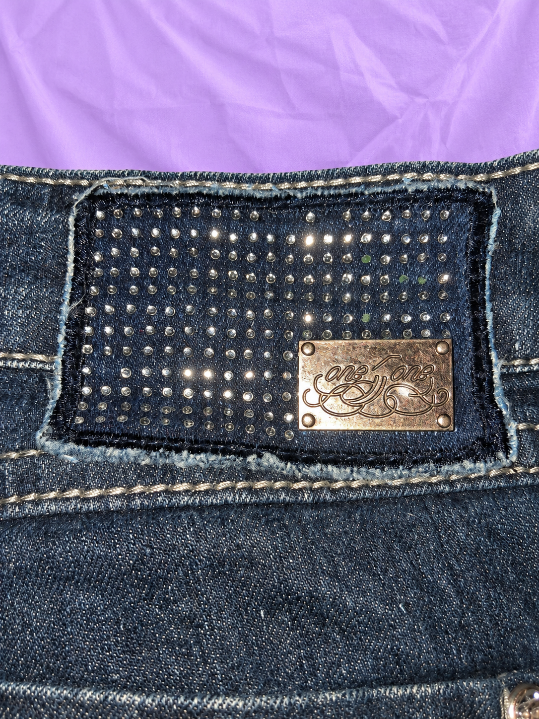 ONE 5 ONE Dark Wash Flare Jeans with Embroidery & Rhinestones – Size 12