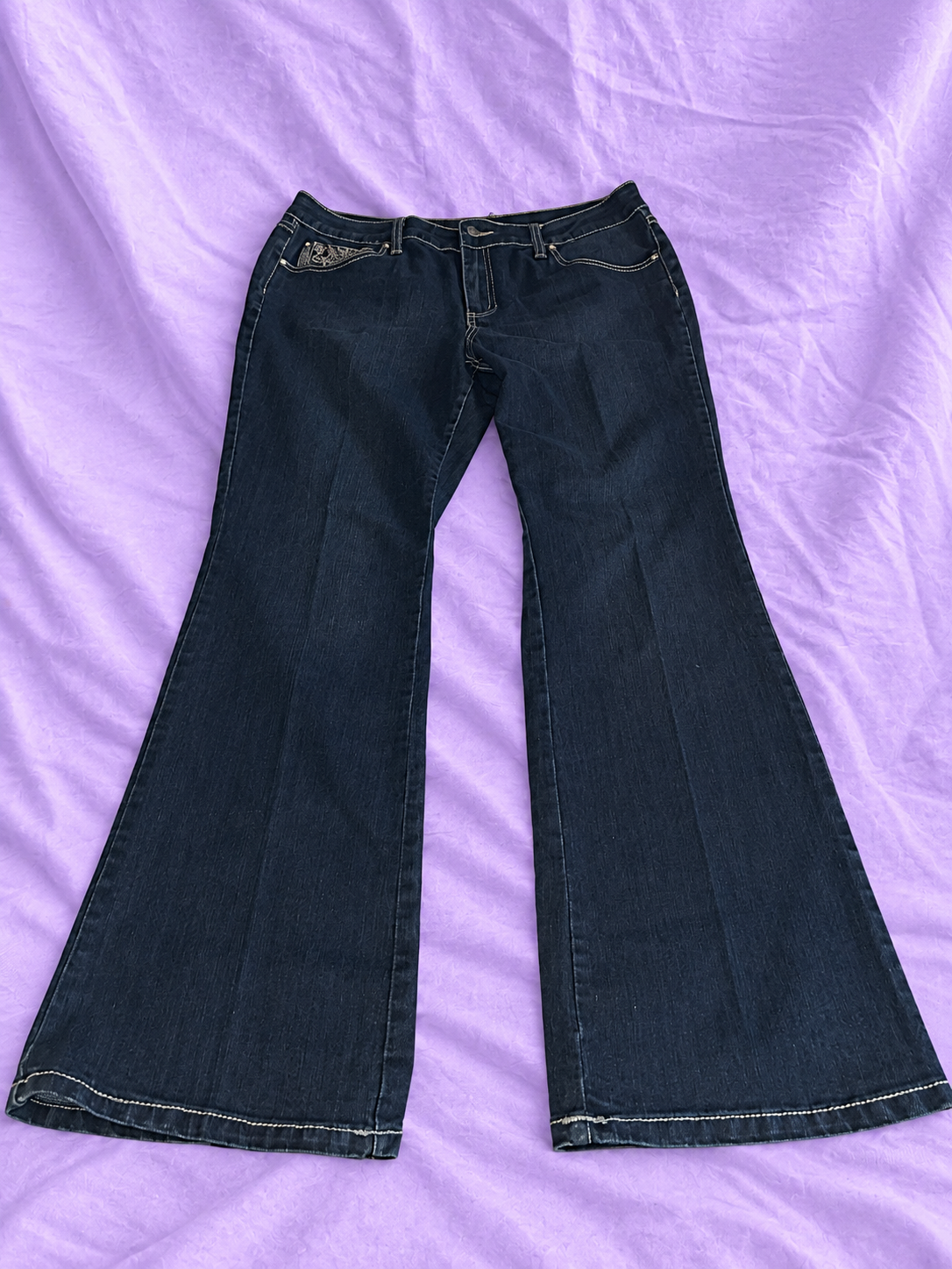 ONE 5 ONE Dark Wash Flare Jeans with Embroidery & Rhinestones – Size 12