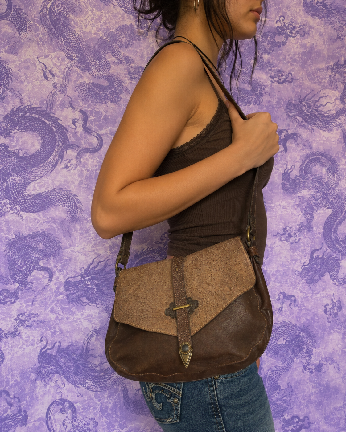 Justin Vintage Western Shoulder Bag Brown Embossed Boho Handbag Country Style