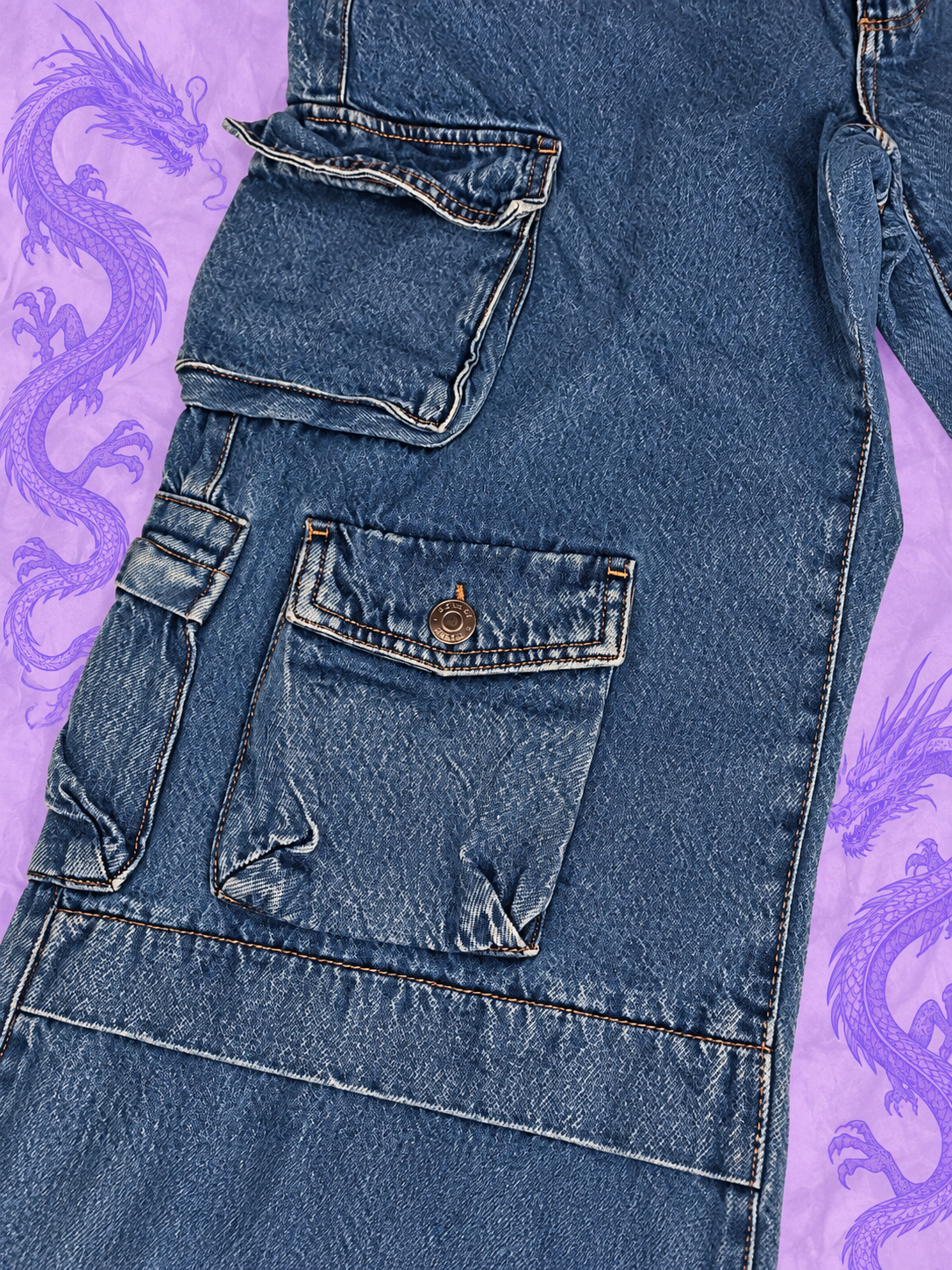 Garage Denim Y2K Cargo Jeans – Blue Wide Leg Multi Pocket – Size 11/30