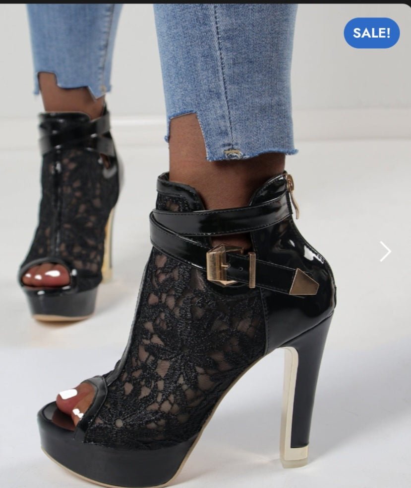 Stivaletti Punk Donna con Tacco Alto – Pizzo Floreale, Open Toe, Cinturino alla Caviglia - GEDICO STORE