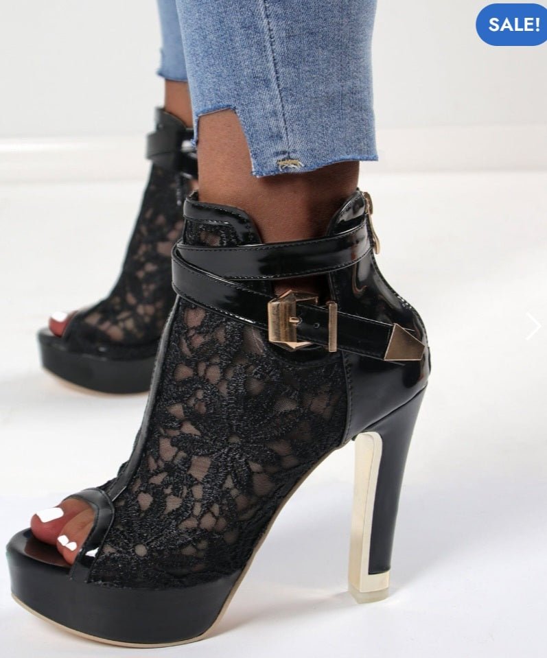 Stivaletti Punk Donna con Tacco Alto – Pizzo Floreale, Open Toe, Cinturino alla Caviglia - GEDICO STORE