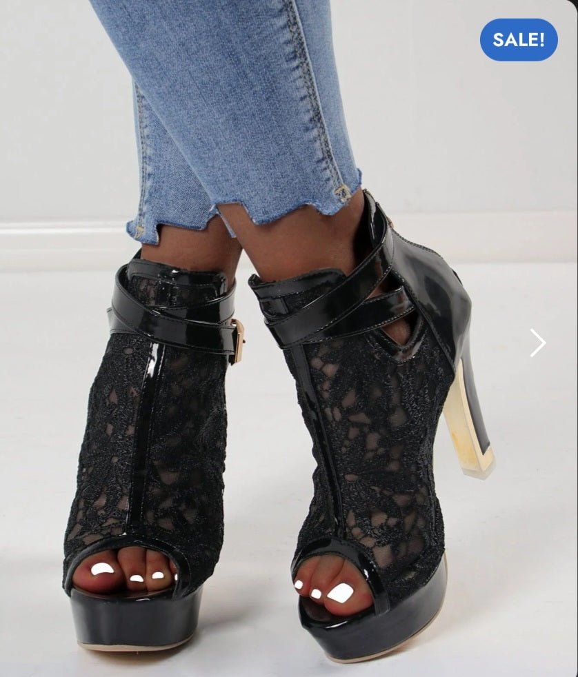 Stivaletti Punk Donna con Tacco Alto – Pizzo Floreale, Open Toe, Cinturino alla Caviglia - GEDICO STORE