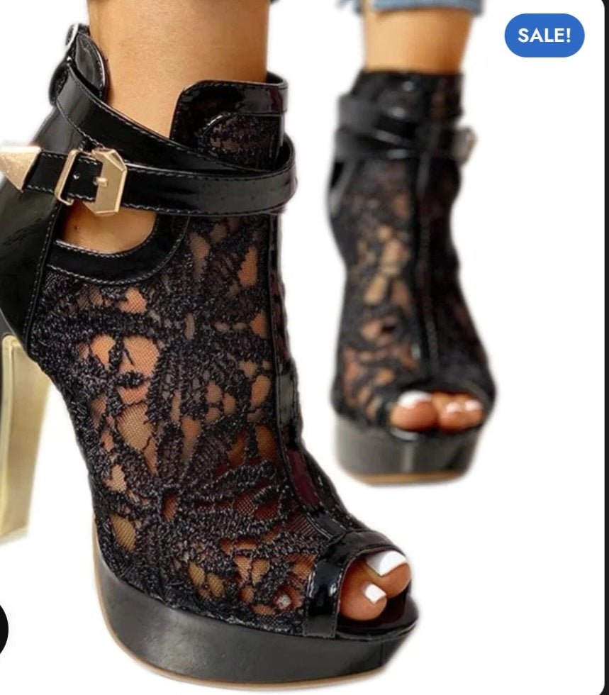 Stivaletti Punk Donna con Tacco Alto – Pizzo Floreale, Open Toe, Cinturino alla Caviglia - GEDICO STORE