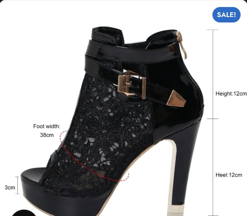 Stivaletti Punk Donna con Tacco Alto – Pizzo Floreale, Open Toe, Cinturino alla Caviglia - GEDICO STORE