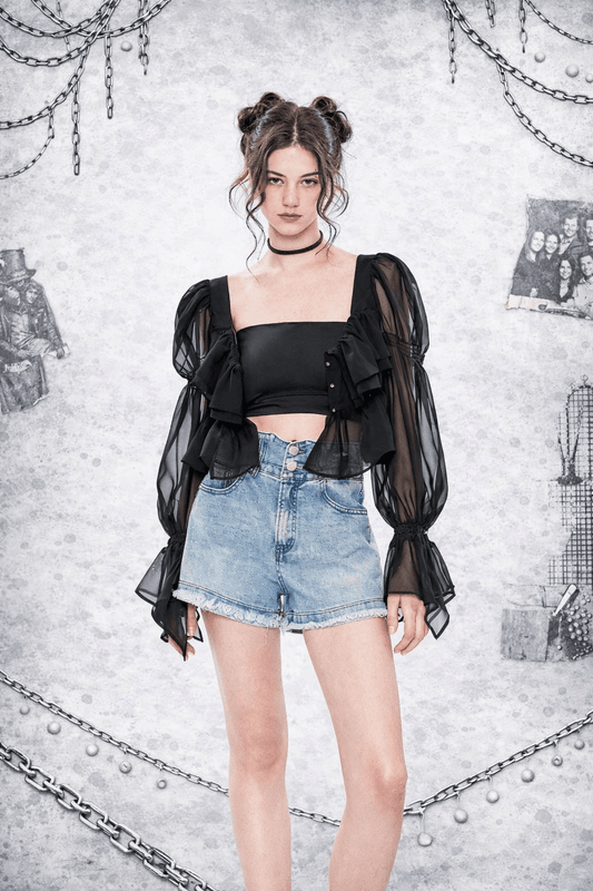 Top Punk Goth in Chiffon Trasparente Donna – Maniche a Sbuffo e Volant | Stile Alternative - GEDICO STORE